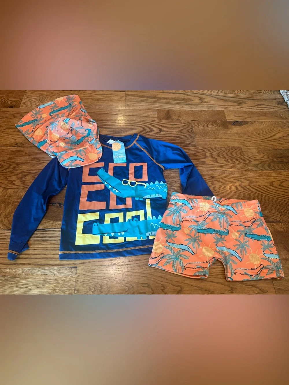 NWT. Tip Top. Boys 3 Piece Swim Set. Navy with Crocodiles. Size 6